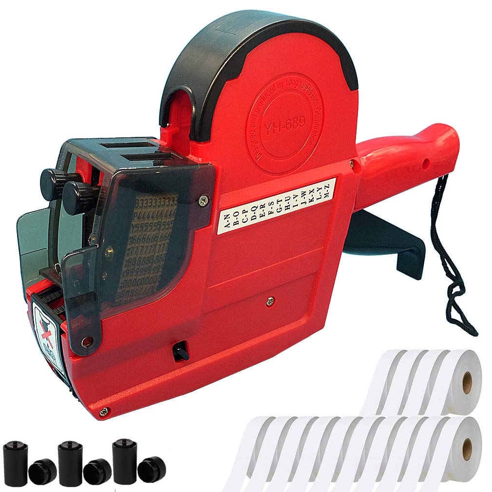 YH-689 2 Line 20 Bit Red Inkjet Price Label Gun with 14 Rolls of Label Papers and 3 Ink Wheels