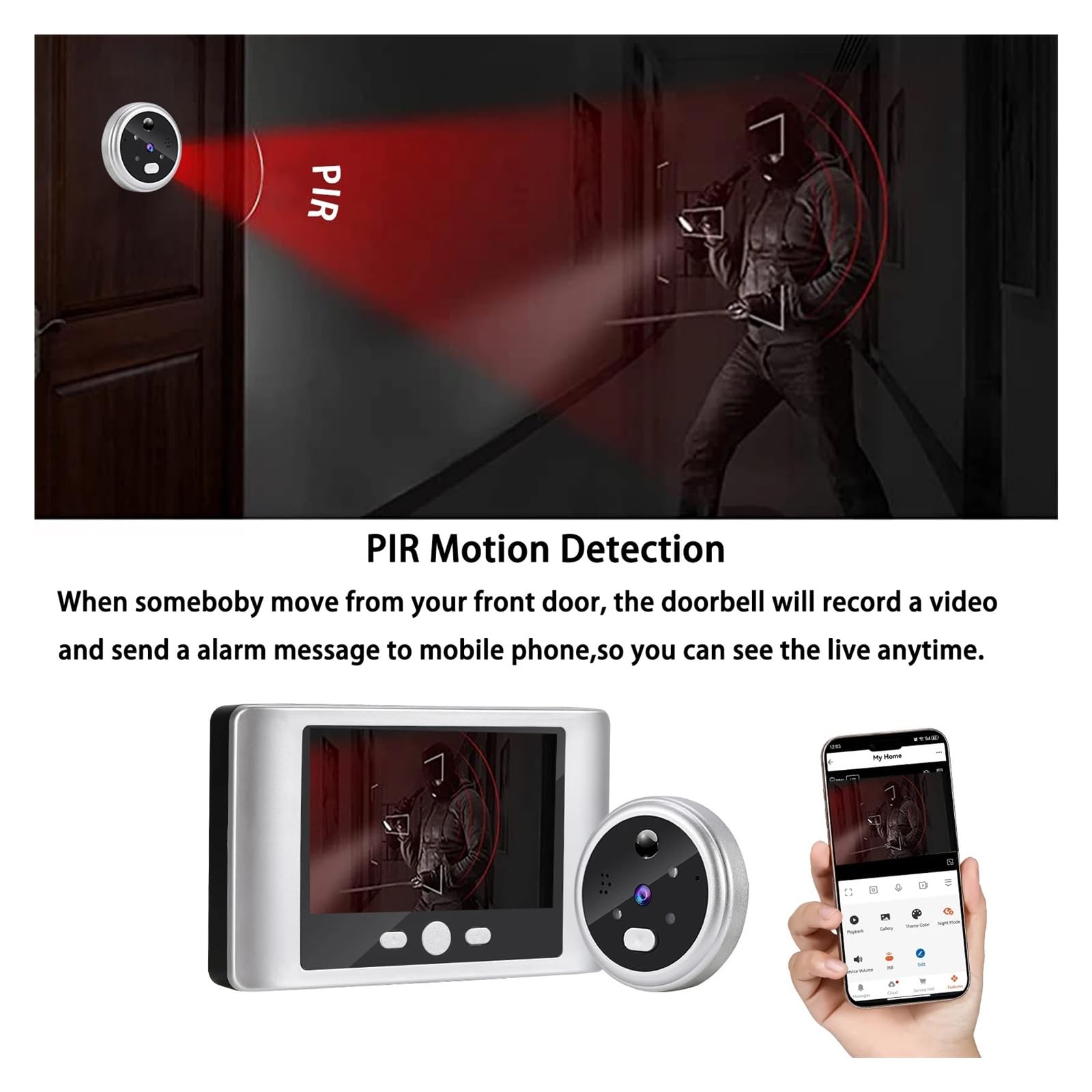 Doorbell Camera, Timbre con cámara y videoportero inalámbrico Inteligente, Pantalla LCD de 2,8 Pulgadas, detección de Movimiento PIR, ángulo Amplio de 100°