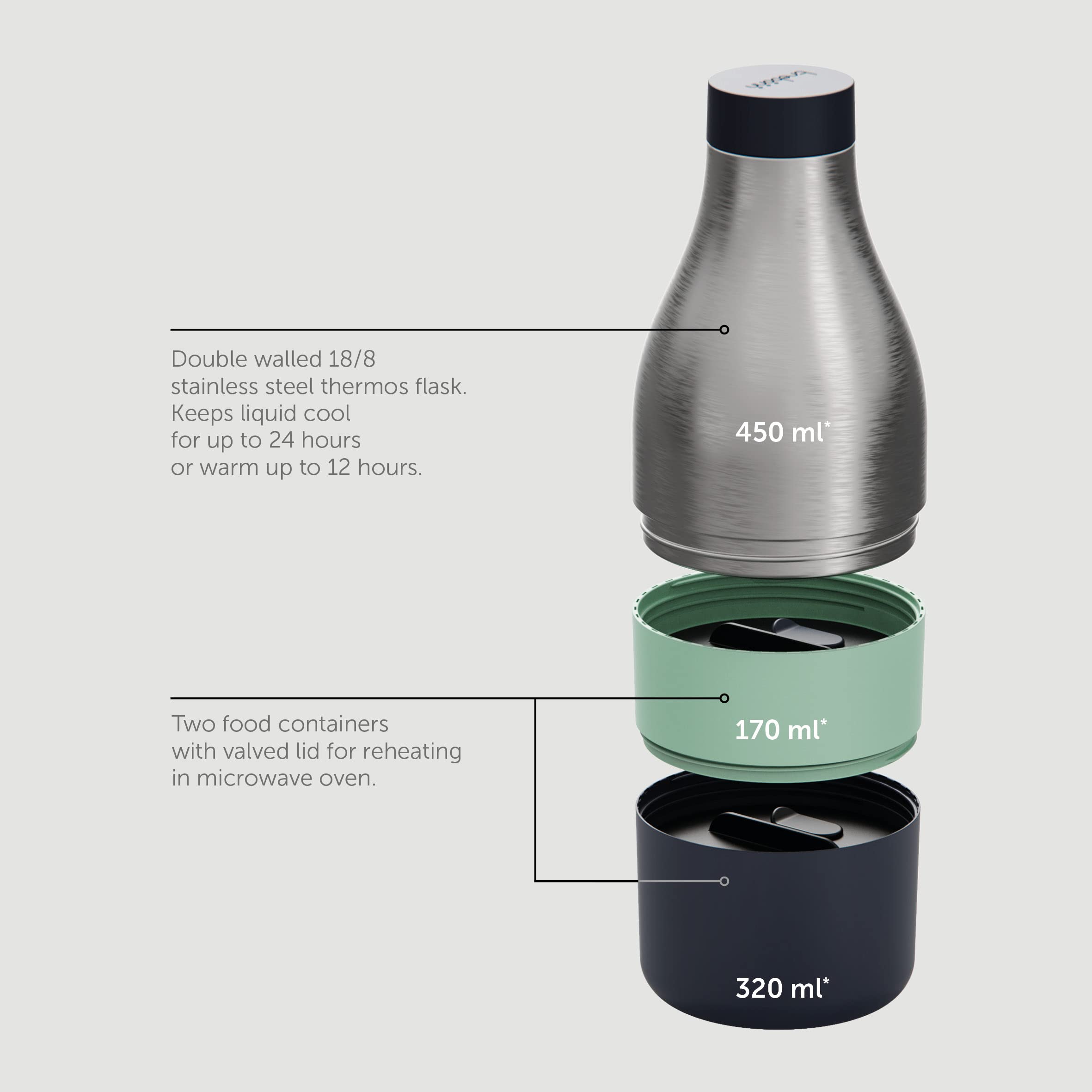 Trebonn - Food & Hydrate 3 - Botella isotérmica multicompartimento 3 en 1 para bebidas y alimentos. Perfecto para oficina, almuerzos de trabajo, merienda en la escuela, deporte o picnic.