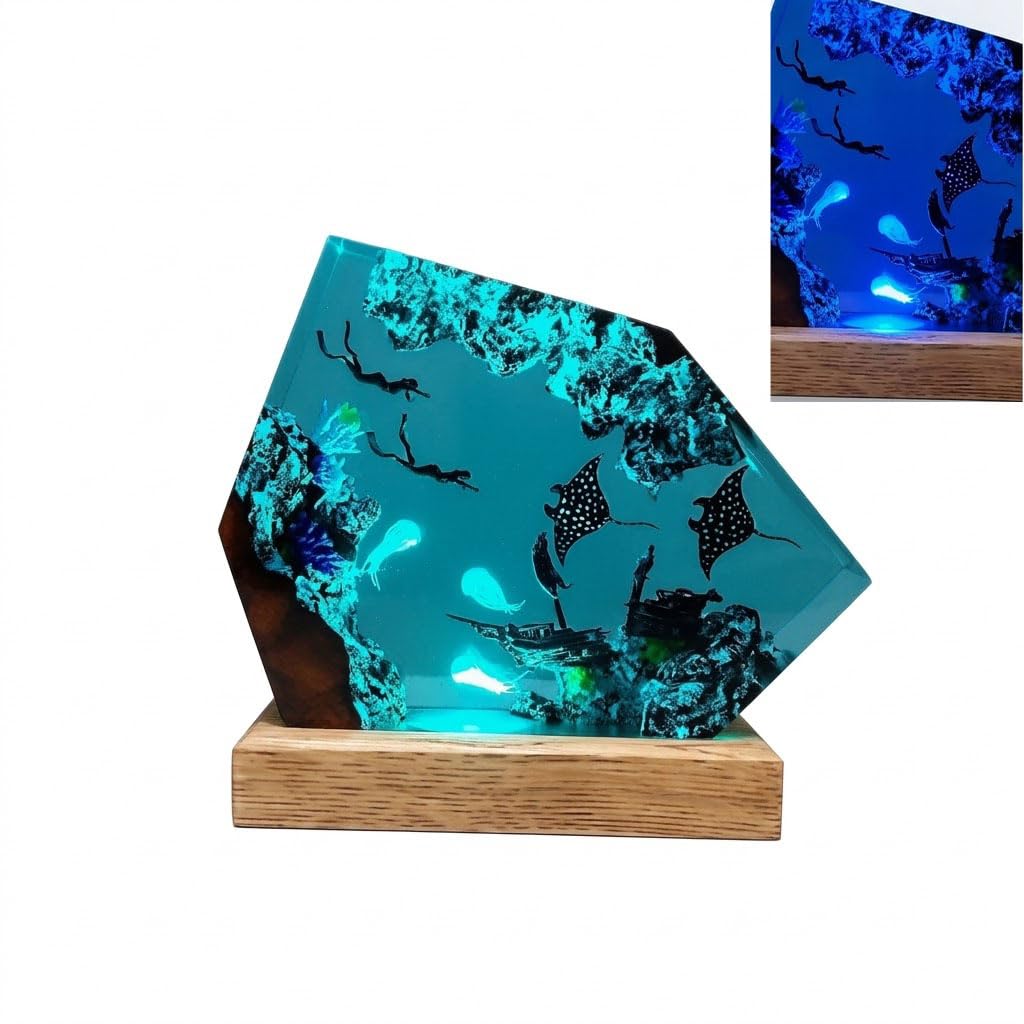 Lampa z żywicy oceanicznej, ręcznie wykonana lampka nocna z drewna epoksydowego z wielokolorową diodą LED, dekoracja biurka z biologii morskiej, wyjątkowe prezenty dla miłośników oceanu