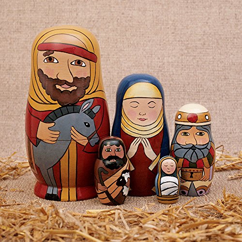 Bits And Pieces - 5Pc Nesting Doll Holy Family -The Nativity Family Hand Painted Hand Made Wooden Nesting Dolls Matryoshka Nativity Figurines - Set Of 5 Dolls From 5.5" Tall #TOP4
