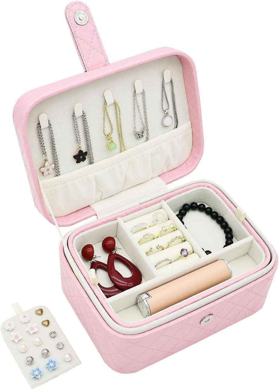 Jewelry Travel Case, 2-Layer Jewelry Box Organizer Medium Jewelry Travel Box, Portable Faux Leather Jewellery Storage Boxes with Argyle for Women, Daily Jewellery Case Home Use (Peach pink) image 4