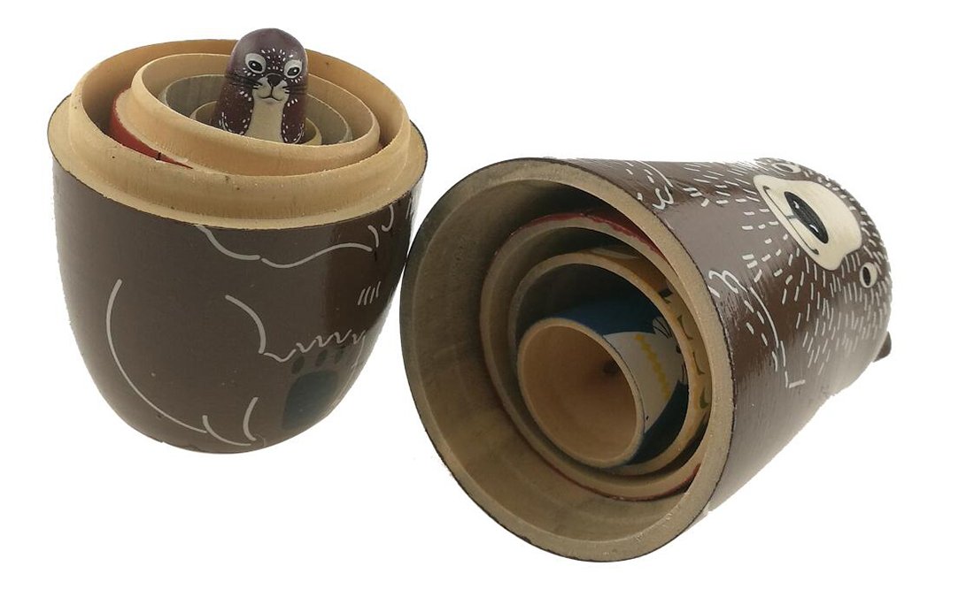 Winterworm - Set di 5 bambole russe lucide a tema animale, orso, volpe, gufo, coniglio, talpa, fatto a mano, per lo sviluppo di abilità