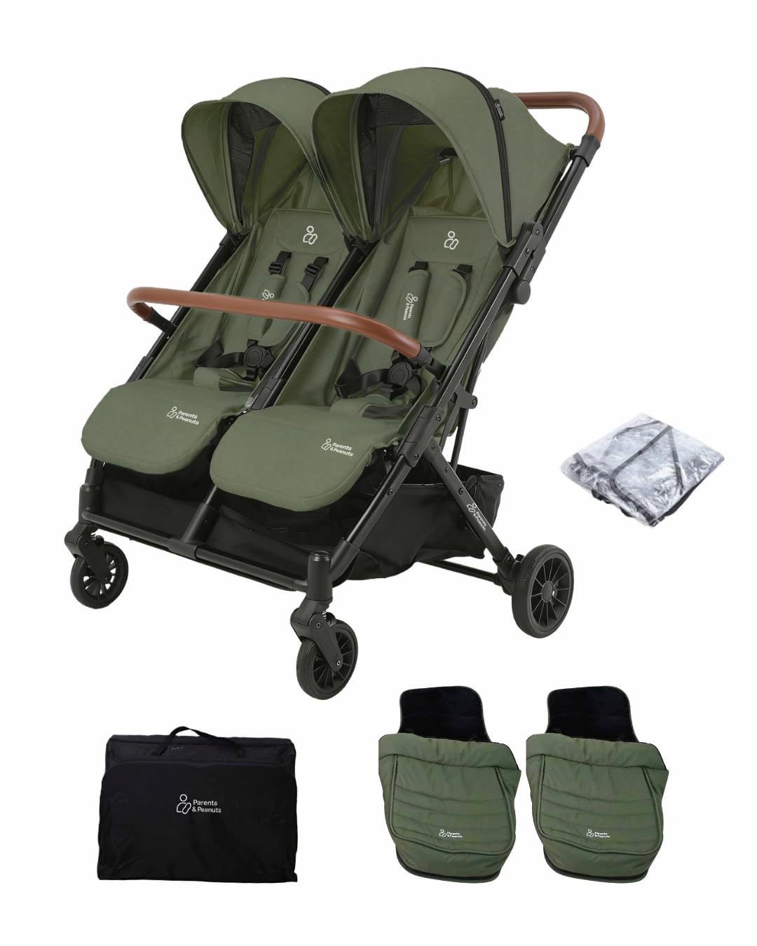Parents & Peanuts Twin Pram, Luxury Double Pushchair for Twins, Includes Footmuffs, Rain Cover & Storage Basket, Compact Folding Stroller (Green)