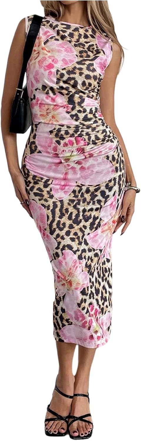 Women's Floral Leopard Midi Tank Dress Y2k Ruched Crew Neck Sleeveless Bodycon Dresses Small Brown