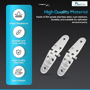 Marine City Stainless Steel Round Door Strap Hinge Sturdy & Durable Smooth Sides - Ideal for Marine, Boat, Locker Hatch, Cabinet Door (2 Pcs)