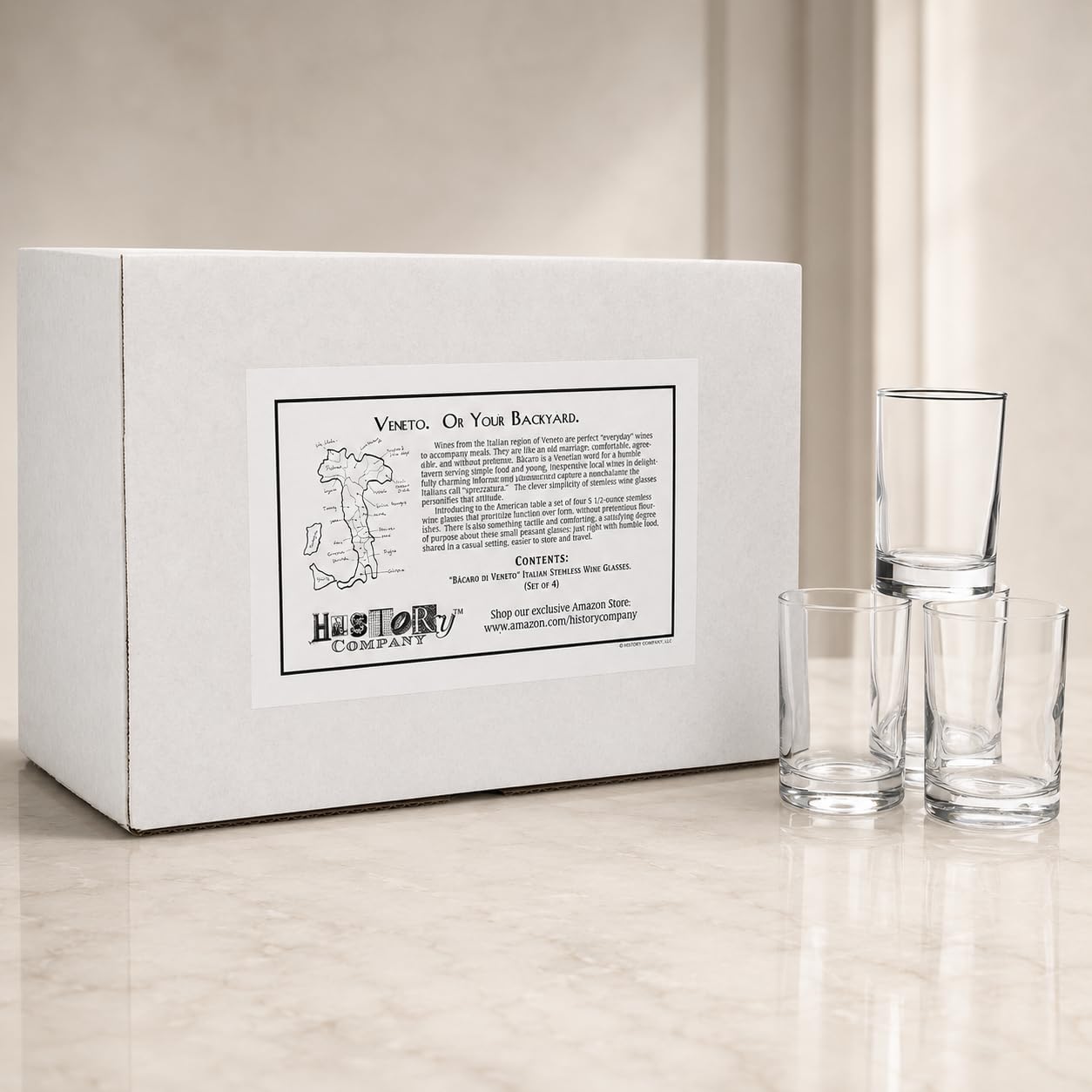 HISTORY COMPANY Bàcaro di Veneto - Juego de 4 copas de vino italianas sin tallo (caja de regalo)