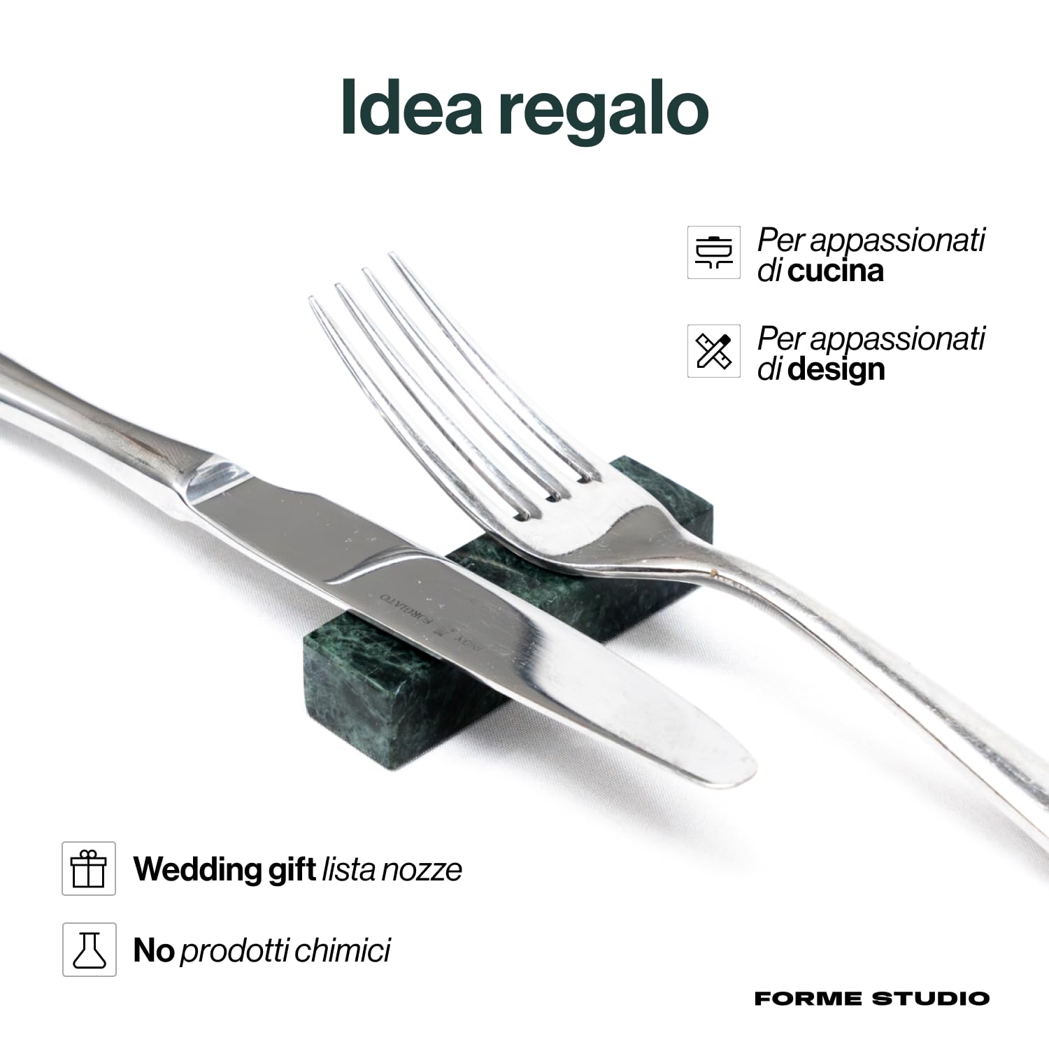 FORME STUDIO Set 4 Poggia Posate in Marmo Verde Guatemala – Supporto Elegante per Posate e Bacchette – Accessorio Artigianale da Tavola Made in Italy