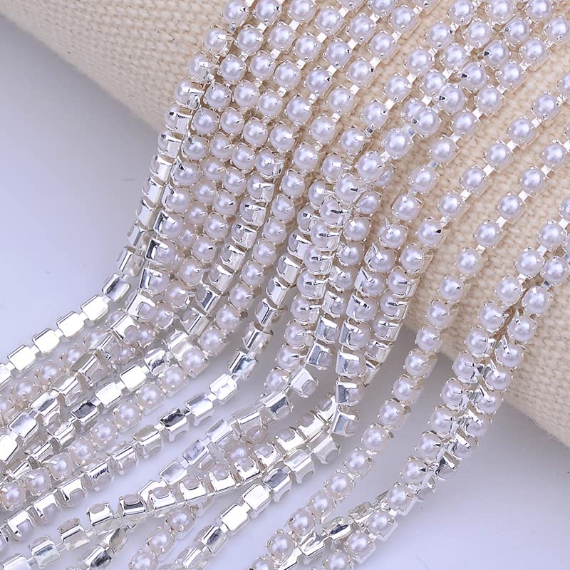ACiyD SS6 2mm SS12 3mm SS16 4mm Nähen Weiße Perle Strass Band Kette Gold Silber Metallbesatz Perle Applikation Strass Band-Gold Basis,SS12 10 Yards (Silver Base SS12 10 Yards)