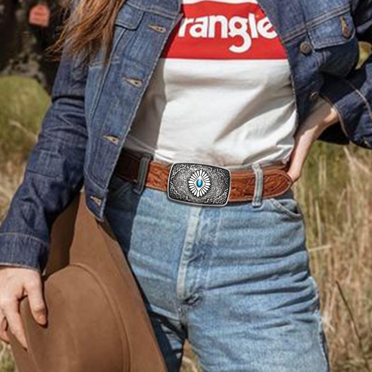 MASOP Western Cowboy Belt Buckle for Men Vintage Indian Elements Turquoise Belt Buckles Jean's Accessory for Women