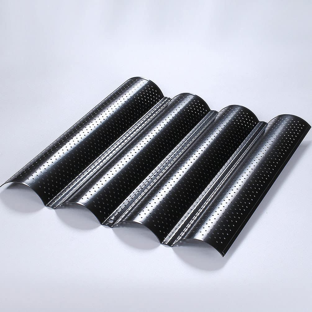Perforiertes französisches Baguette-Backblech, 4-wellig, 2er-Set, mit Teigschaber für Profi- und Heimbäcker, schwarz