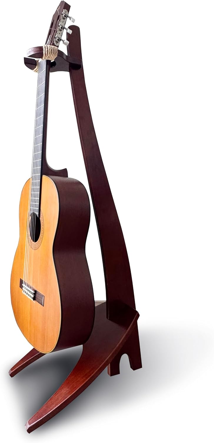 Wooden Guitar Stand Handmade Solid Semi-curved Design Wood Stand Floor, Best for Acoustic guitars, Classical guitars, Banjos, Mandolins (Walnut Color)