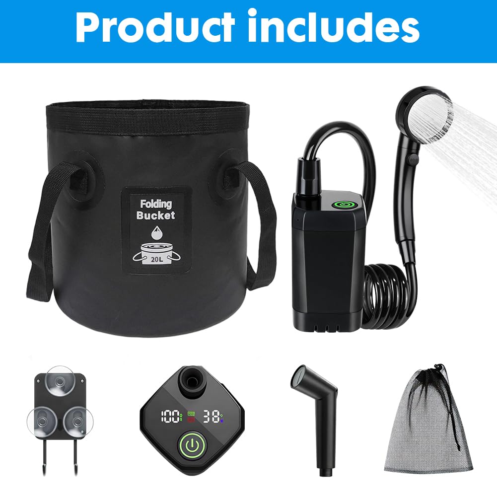 CEWROM 2026 Upgraded Portable Camping Shower Completo Set 6000 mAh Doccia da campeggio con pompa e indicatore di temperatura, Multi Modes Spray Head & 5 Gal Water Foldable Bucket for Outdoor Travel