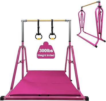 Foldable Gymnastics Kip Bar,Horizontal Bar for Kids,No Wobble Gym Equipment for Home Indoor,3 to 5 Adjustable Height,Gymnasts 1-4 Levels,300 lbs Weight Capacity