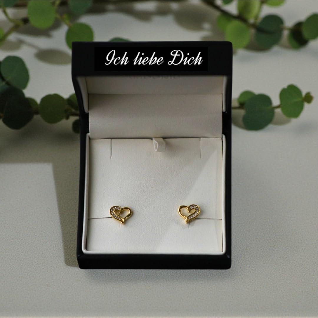 Herz Ohrringe Gold Stecker Damen Ohrstecker mit Zirkonia Silber 925 | hochwertig vergoldet Gratis Etui Gravur "Ich liebe Dich" Geschenke für Freundin Frauen Liebe Echt-Schmuck kein Edelstahl