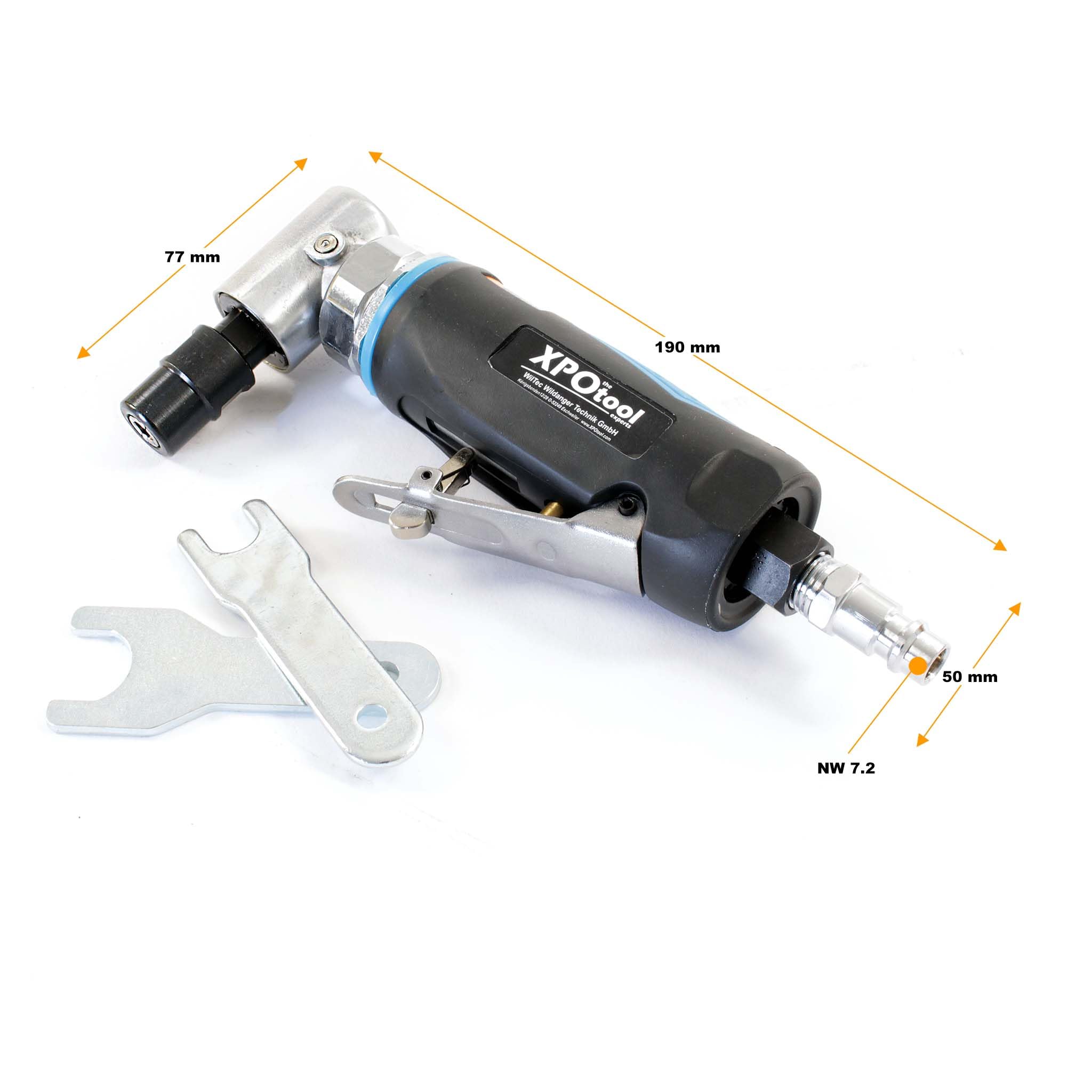 Wiltec Meuleuse droite Coudée 90° Pneumatique - 154 x 78 mm - 20 000 tr/min - Raccord 6,35 mm - Consommation air 99 l/min - Ponceuse Rectifieuse Affûteuse Air comprimé Multifonctions