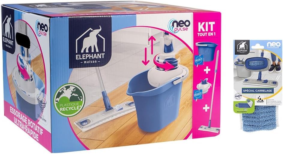 ÉLÉPHANT MAISON - Kit NEO Pulse - 2 Housses Incluses - Nettoyage Facile Sans Effort & Sans Se Mouiller Les Mains - Essorage Rotatif Rapide - Ultra Absorbant...