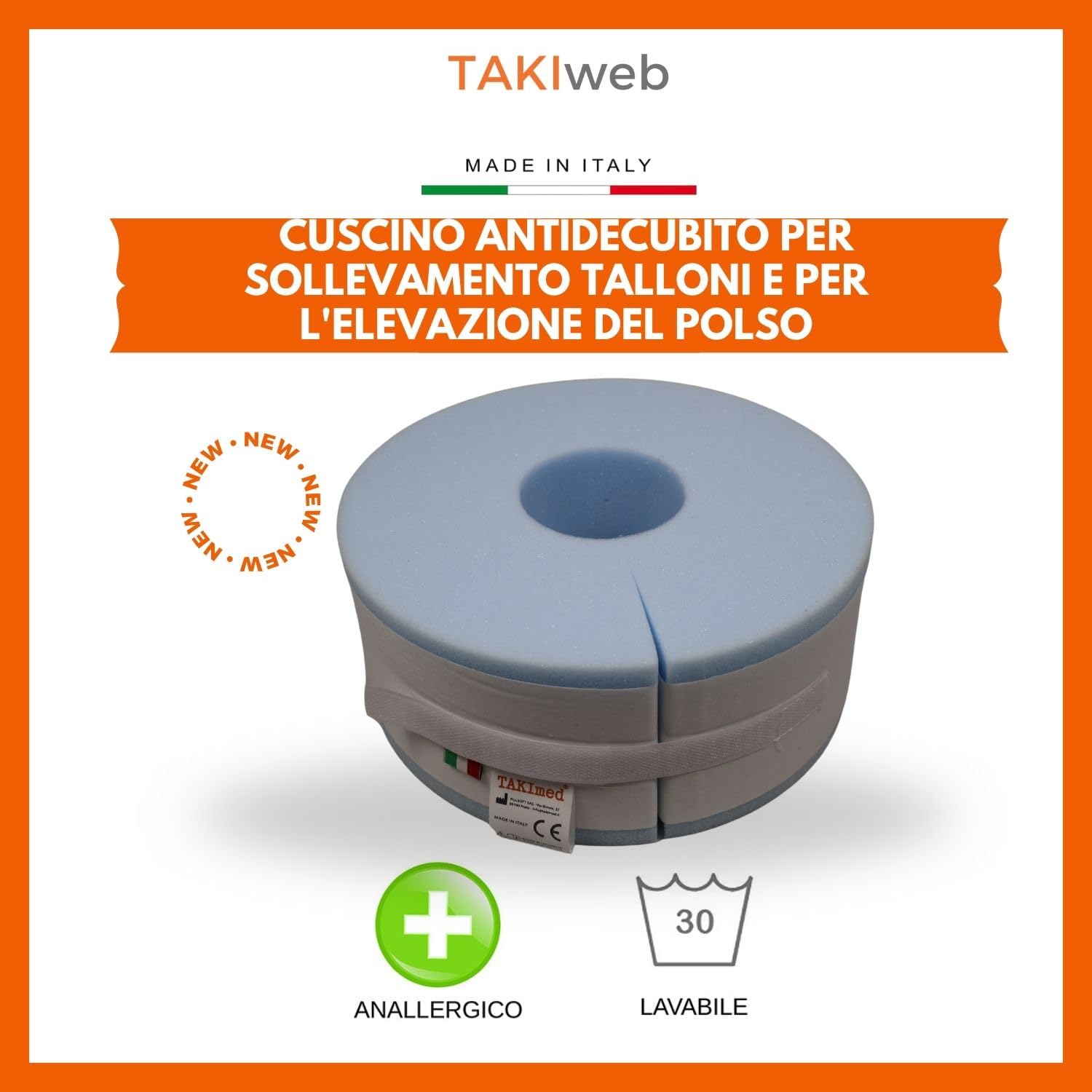 TAKImed,Talloniera, Polsiera Antidecubito, Antidecubito Per Sollevamento Talloni e Per L'elevazione Del Polso,Per L'elevazione Del Tallone Alla Caviglia Cuneo. Schiuma in puleuretano espanso.