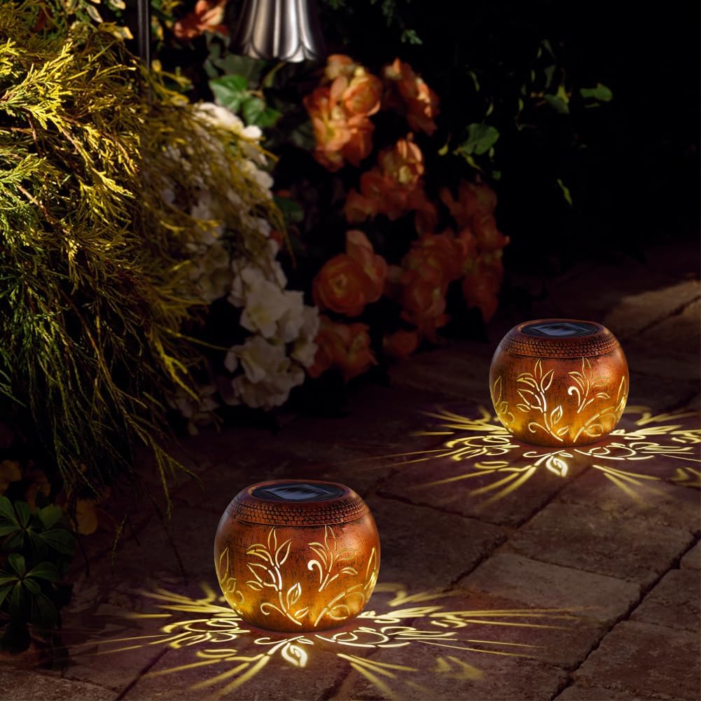 2 Pack Solar Lanterns Outdoor Waterproof, LED Hollow Out Flower Pattern Solar Lantern, Metal Decorative Solar Lanterns Outdoor for Desk Patio Garden Pathway