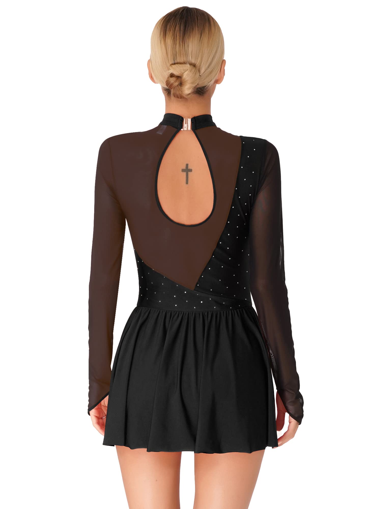 iEFiEL Damen Langarm Ballettkleid Eiskunstlauf Kleid mit Glitzer Kristallen Ballettkleidung Gymnastik Leotard Turnanzug Tanzkostüm