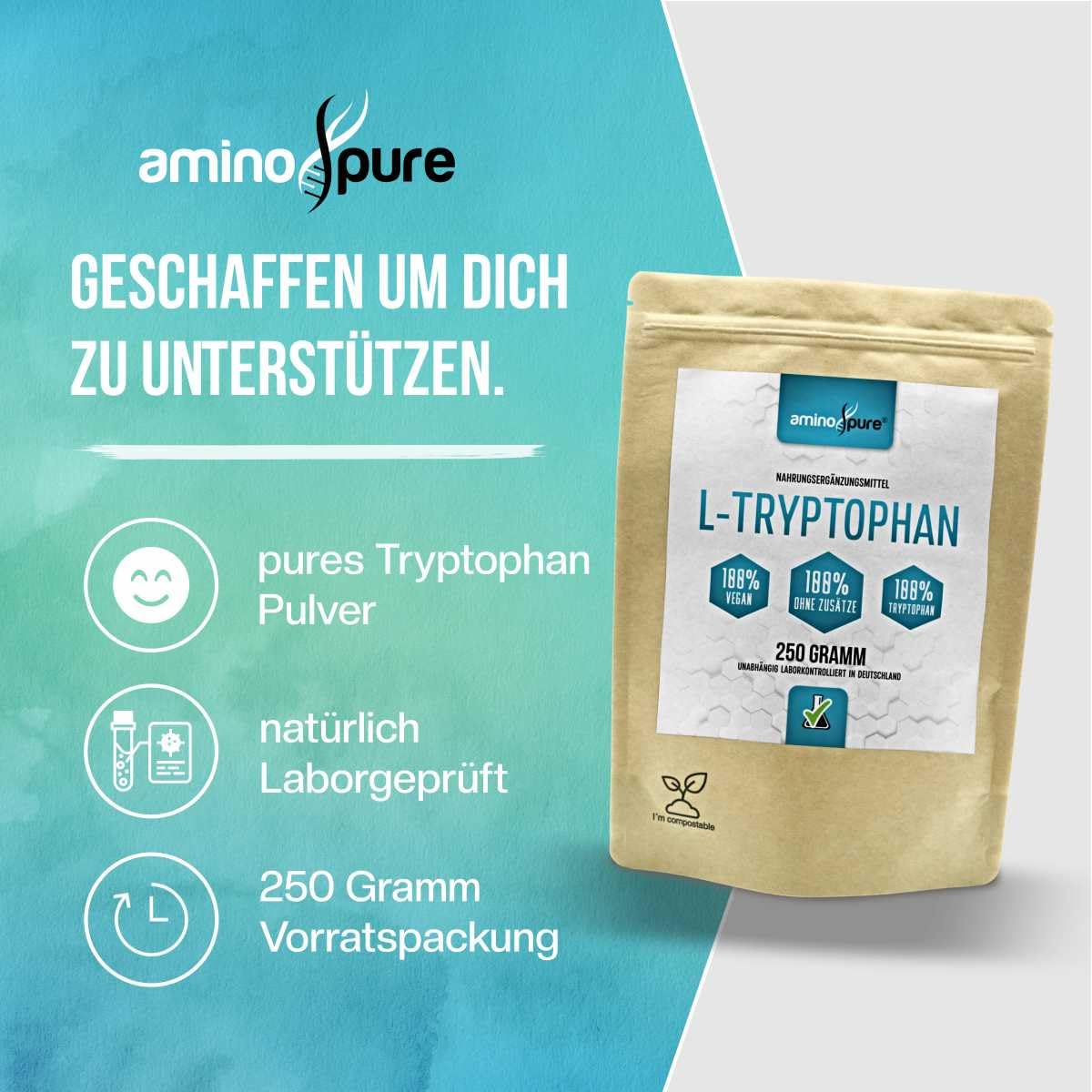 L-Tryptophan Pulver pur | per Fermentation aus Mais gewonnen | 100% vegan und ohne Zusätze | schadstoffgeprüft im Labor | 250 Gramm