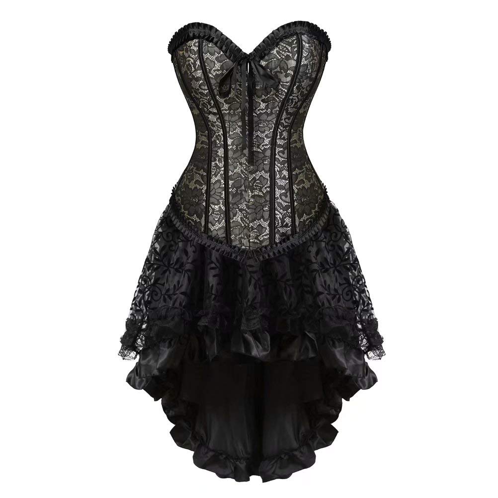 Josamogre Women's Gray Corset And Bustier Dress With Skirt Set Lace Up Boned Gothic Burlesque Renissance Black S