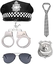 Police Costume Accessories for Adult 5 Pieces Set Including Police Hat Black Sunglasses Check Tie Metal Handcuffs with Keys and Badge for Fancy Dress