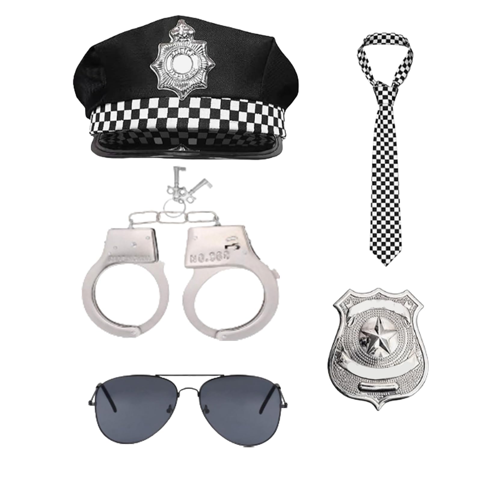 GWAWG 5 accesorios de disfraz de policía para adultos, incluyendo sombrero de policía, lentes de sol negros, corbata de disfraz a cuadros, esposas de metal con llaves e insignia para disfraz de