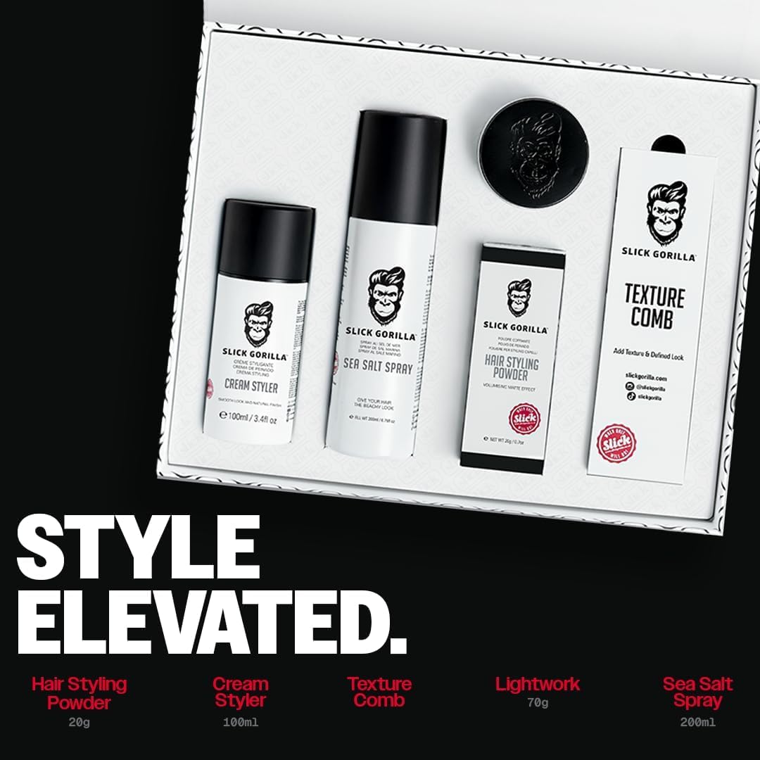 Slick Gorilla Vollständiges Styling-Set – Haarpflege-Geschenkset mit Puder, Lightwork | Styling-Creme | Meersalzspray und Texturkamm für Glattes | Welliges oder Lockiges Haar