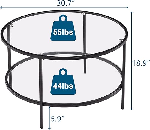 Miniatura 2 de VINGLI Mesa de centro de cristal, mesa de centro redonda de 30 pulgadas, mesas de centro negras para sala de estar, mesa auxiliar de vidrio Negro