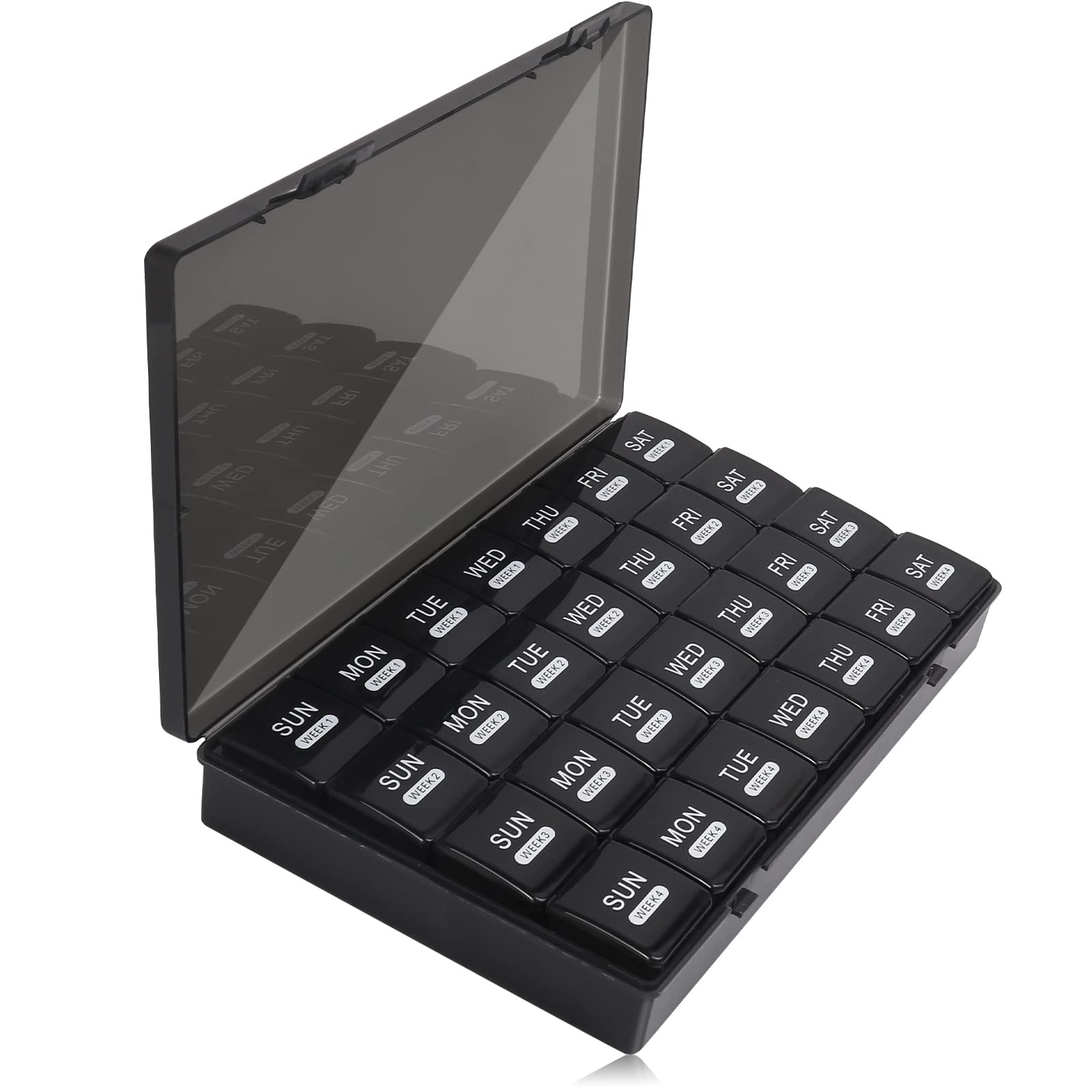 organizer na tabletki, na 28 dni, podróżny organizer na tabletki, 4 tygodnie, jeden miesiąc, etui na tabletki, z pyłoszczelnym pojemnikiem na witaminy, olej z wątroby dorsza, suplementy i leki (czarny)