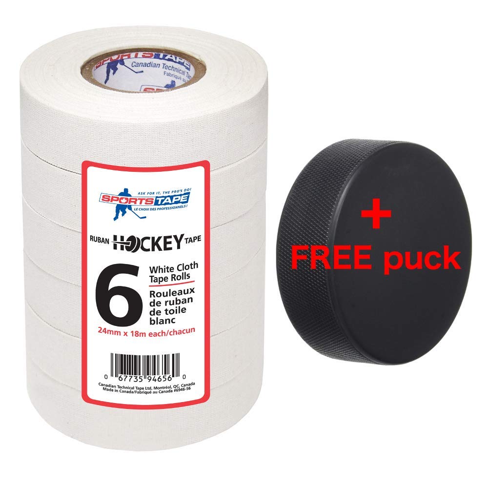 Sportstape 6 Rolls 24mm White Cloth Stick Ice Hockey Tape with Free Puck