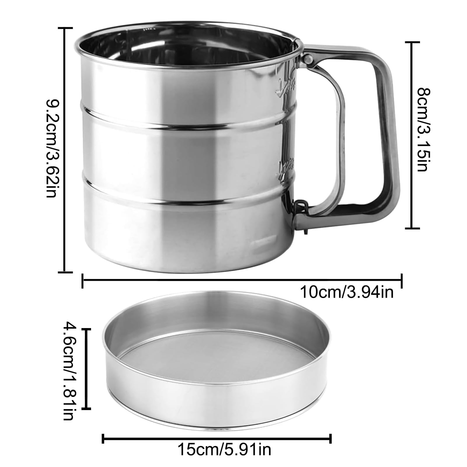 Sitko do mąki z nierdzewnej stali z uchwytem – jednoręczne sitko do mąki i cukru pudru, drobne sitko do pieczenia, Ø15cm, pojemność 250g – 9,2cm x 10cm, w zestawie dno sitka (Ø15cm)