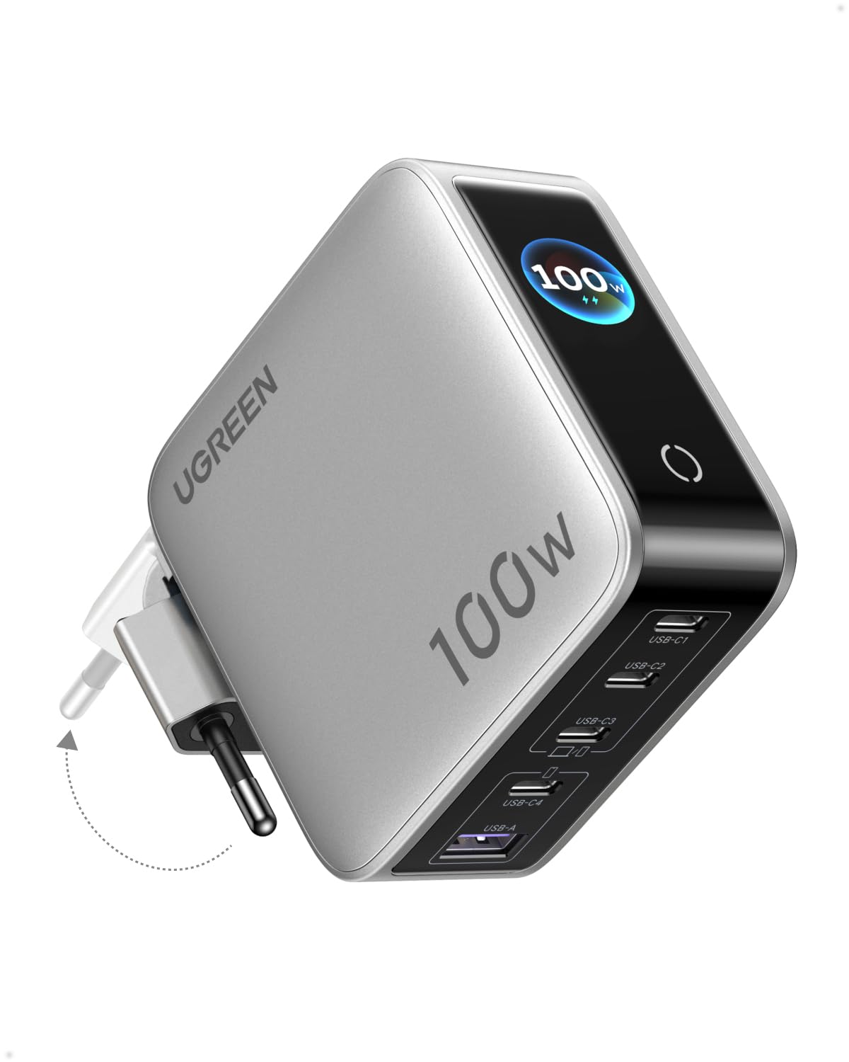 UGREEN Nexode Pro 100W Chargeur USB C Rapide 5 Ports avec Écran TFT GaN II Tech Compatible avec iPhone 17 Pro Max Air 16 15 14 13 12 Galaxy S26 S25 S24 Pixel 10 9 iPad MacBook Neo Air M5 M4 M3 M2 M1