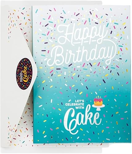 Tarjeta de cumpleaños con texto en inglés Happy Birthday Let's Celebrate with Cake Teal incluye taza de una sola porción para pastel (limón zesty)