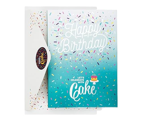 Tarjeta de cumpleaños con texto en inglés Happy Birthday Let's Celebrate with Cake Teal incluye taza de una sola porción para pastel (limón zesty)
