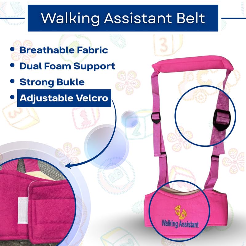 Image of Baby Walking Assistant Safety Harness | Adjustable Toddler Belt with Dual Foam Chest Support | Lightweight Infant Walking Helper | Baby Learning Walking Aid for Boys & Girls|Color-Pink