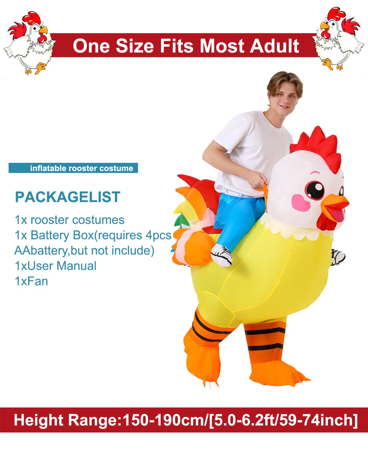 Déguisement Gonflable Coq pour Adulte, Costume Porte-Moi Poulet Amusant, Tenue d'animal pour Carnaval, Halloween, EVG et Soirées Déguisées