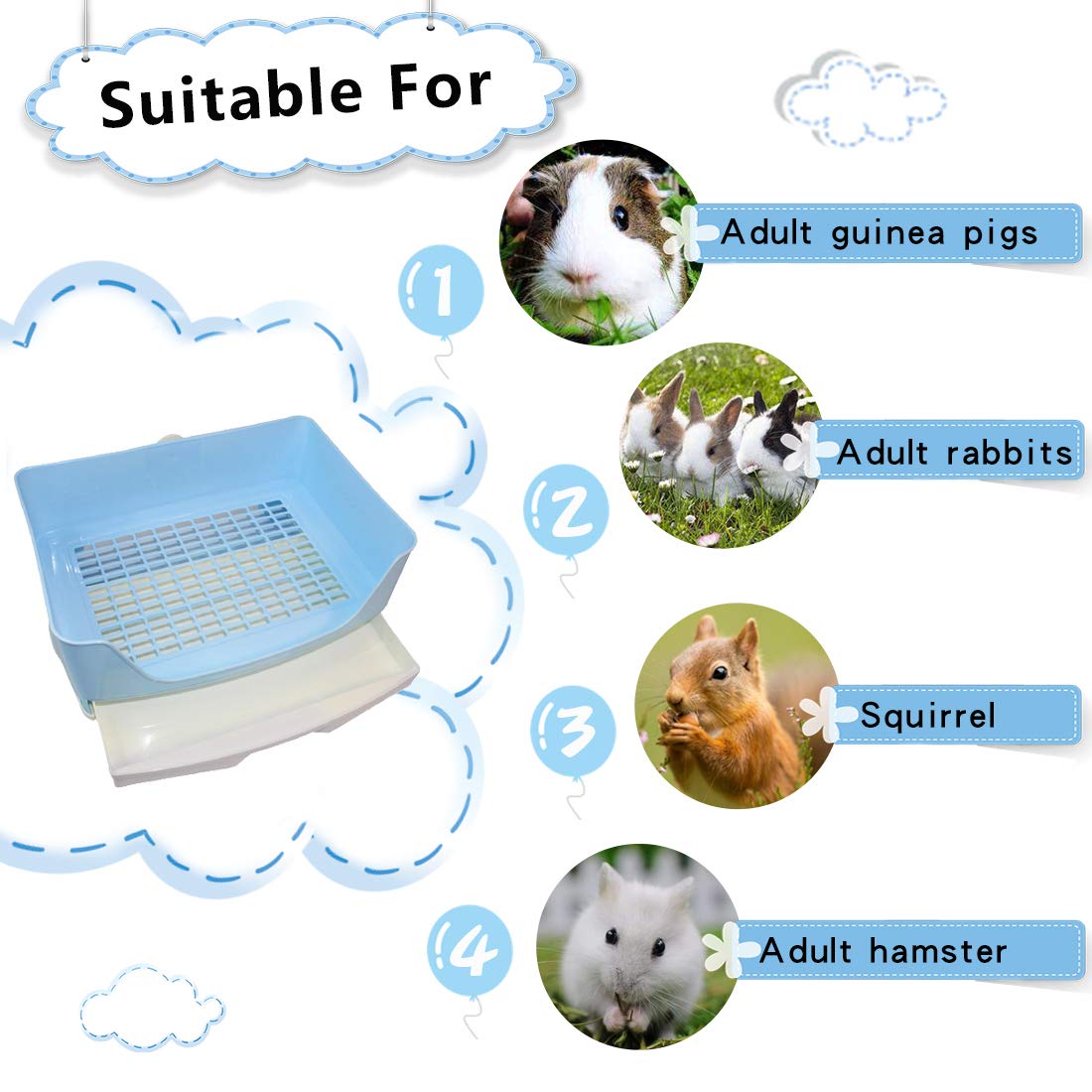 PINVNBY - Caja de arena para conejos de Indias, tamaño grande, para mascotas con cajón, caja de inodoro para perros y conejillos de indias, chinchilla hurón erizo pequeños animales (azul)