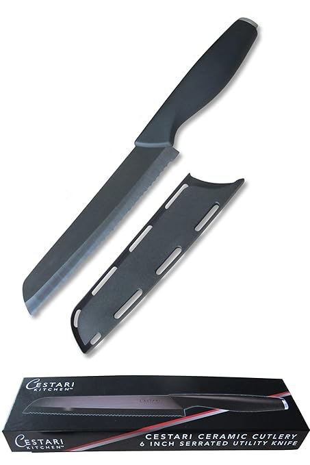 Best Serrated Knife | Tomato Knife | Razor Thin Slices | Mirror Finish |Ceramic Blade Never Needs Sharpening | Premium 6 inch Utility Knife with Safety Knife Sheath in Luxury Gift Box | Cestari