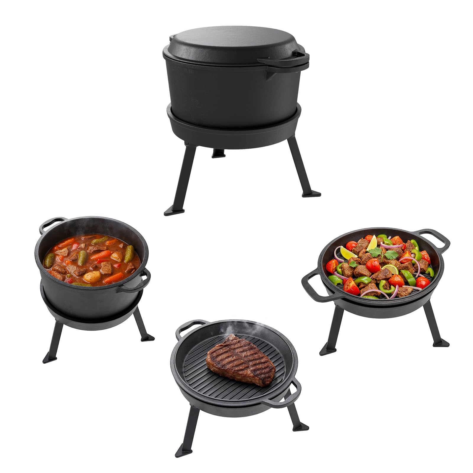 QLS Dutch Oven 10 L aus Gusseisen 3in1 mit Deckel für Camping Outdoor