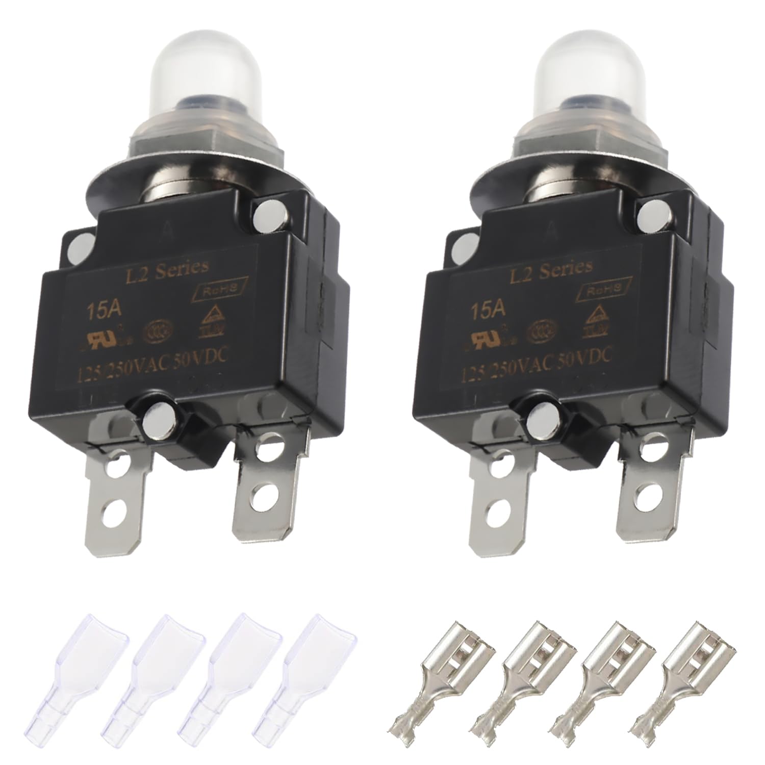 EPLZON 15A Manual Reset Push Button Circuit Breaker 125/250V AC 50V DC Thermal Overload Protector for Automotive with Connect Terminals and Waterproof