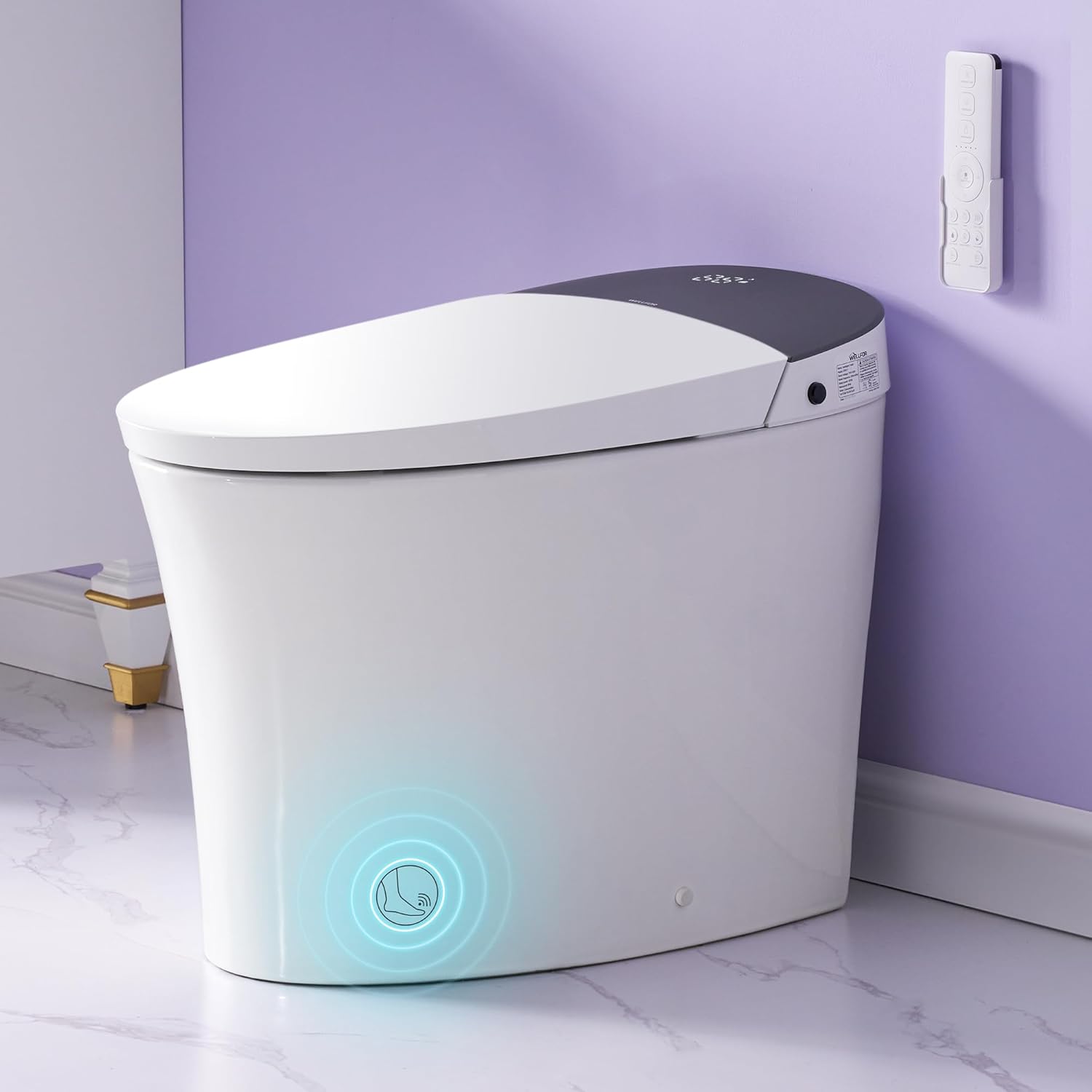 WELLFOR Smart Bidet Toilet with Built-in Tank, 1.6 GPF Auto Flush Smart Toilet, Heated seat, Foot Touch/Sensor Open Lid Toilet, ADA Chair Height Design, Remote Control and Side Knob, Night Light