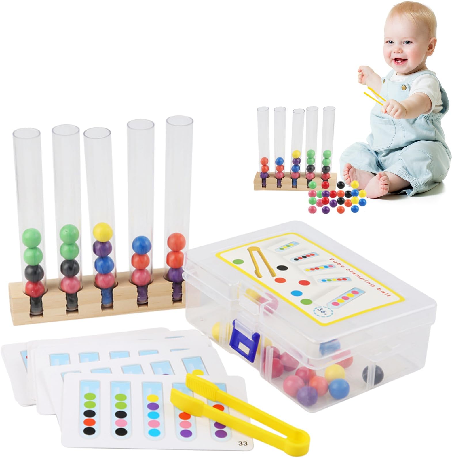 Clip Beads Test Tube Toys | Wooden Board Puzzles Toddler Activities | Colorful Early Educational Toy | Children's Wooden Beads Matching Clip Color Toy For Home, School, Travel, Outdoors
