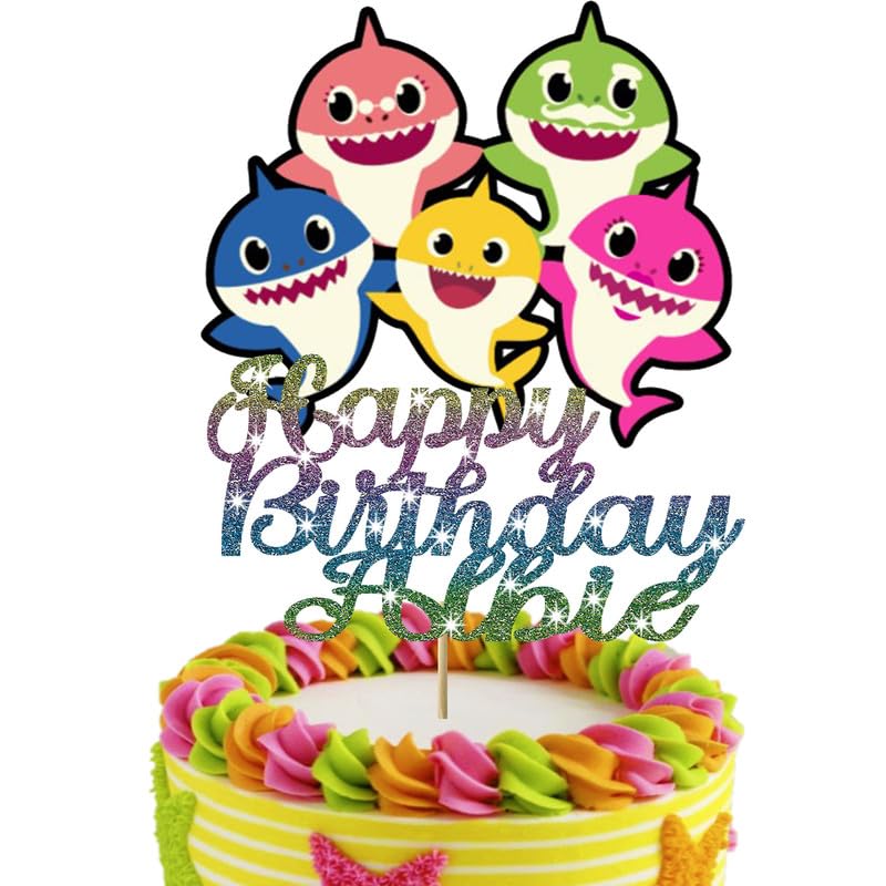 Personalised Glitter Shark Cake Topper with Any Name (Rainbow)