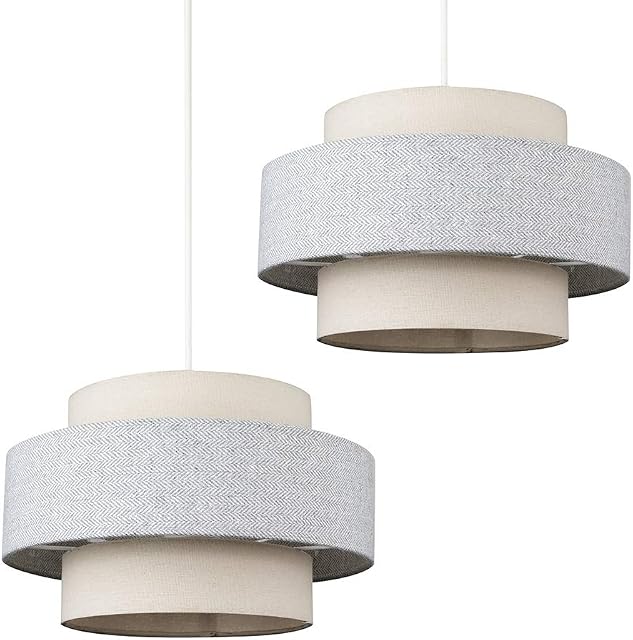 Pair of - Modern Cylinder Ceiling Pendant Light Shades in a Cream & Grey Herringbone Finish