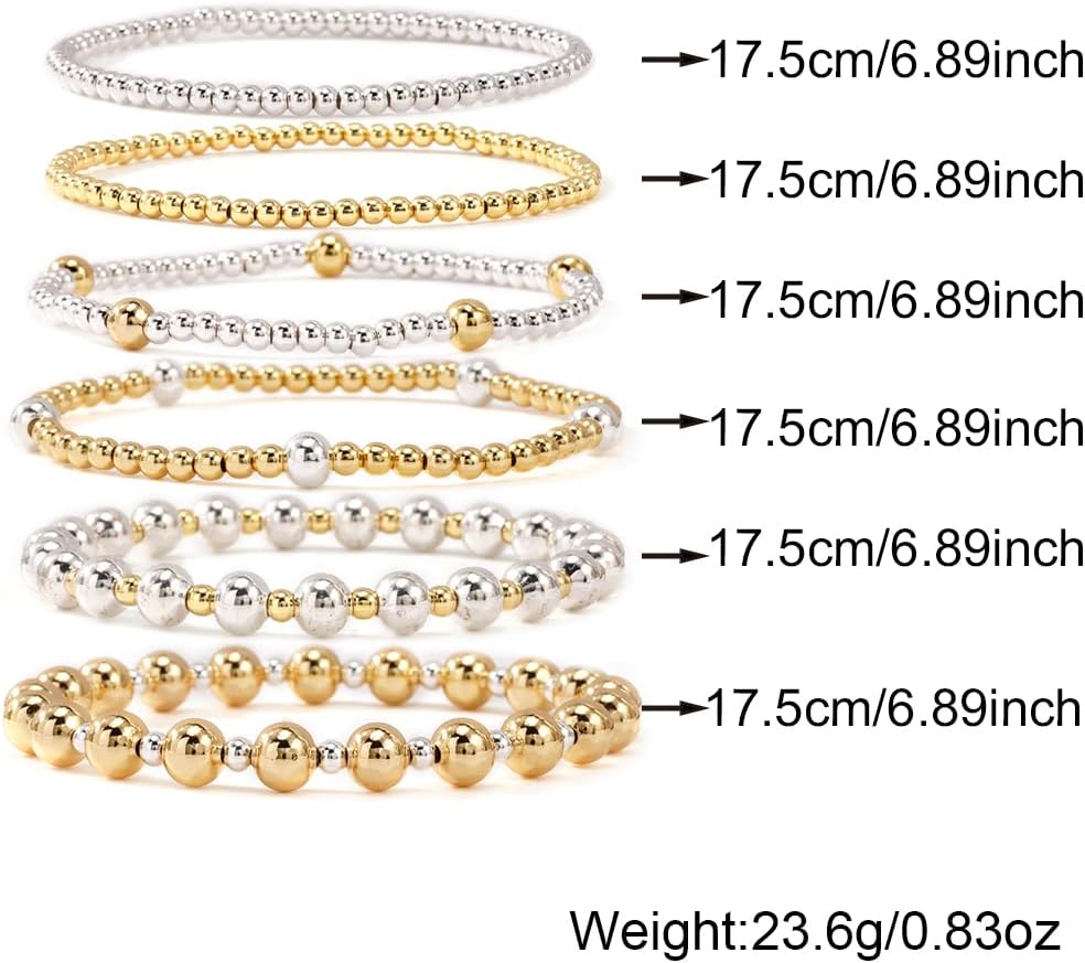 Gold Beaded Bracelets for Women 14K Gold Plated Beads Ball Silver Stackable Stretch Elastic Adjustable Bracelet Stack Non Tarnish Trendy Jewelry Set Adjustable Christmas Gifts for Women - Image 7