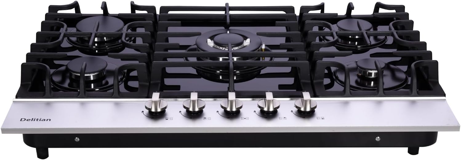 30 Inch Gas Cooktop DT5188A Tempered Glass Built-in Gas Stovetop, 5 High Efficiency Burners LPG/NG Convertible Gas Stove Top Dual Fuel Gas Hob