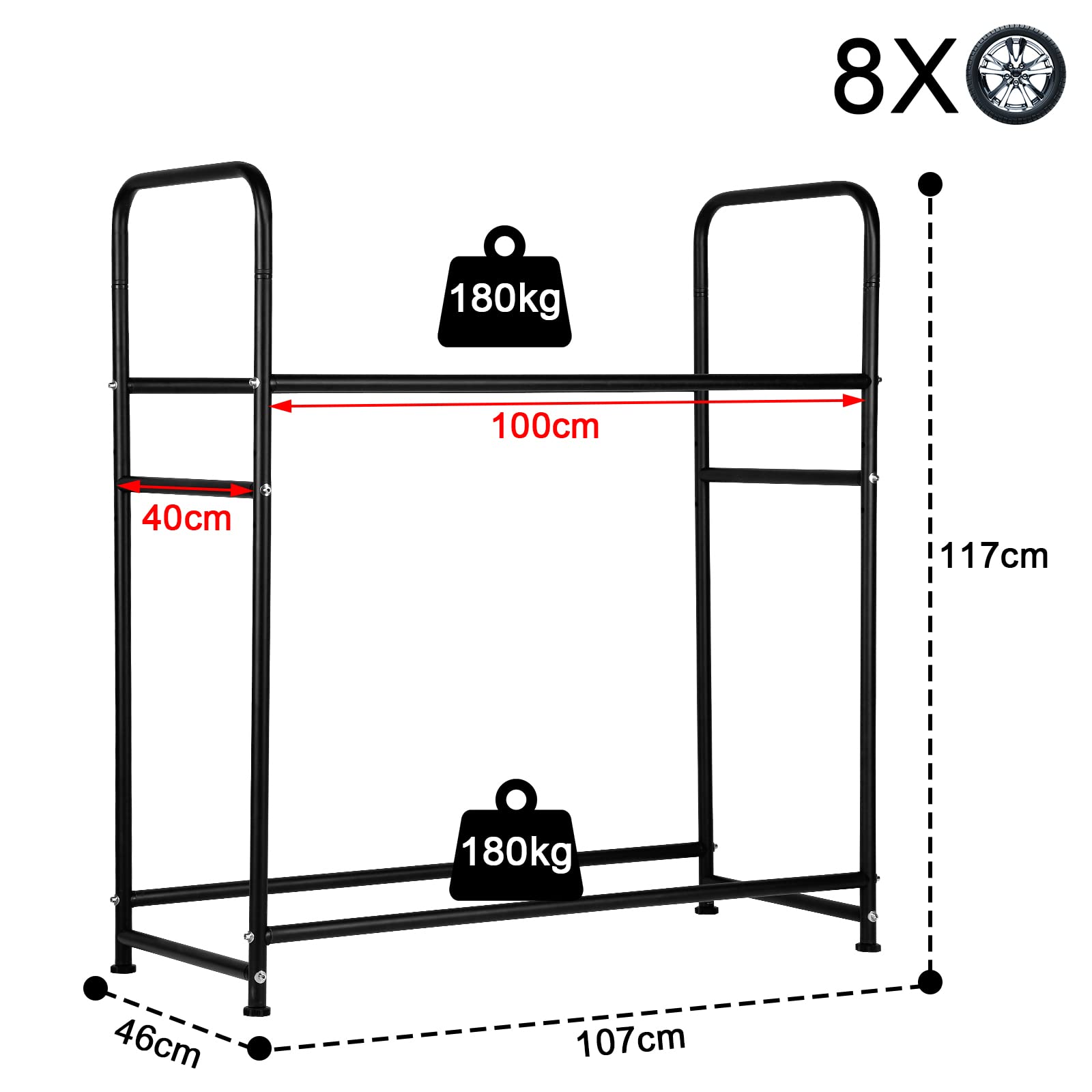 Fiqops Soporte para neumáticos, Estante para neumáticos 8 neumáticos 107 x 46 x 117 cm, árbol de Llantas para neumáticos de automóvil, Capacidad de Carga 180 kg, Estante para Llantas con Cubierta Pro