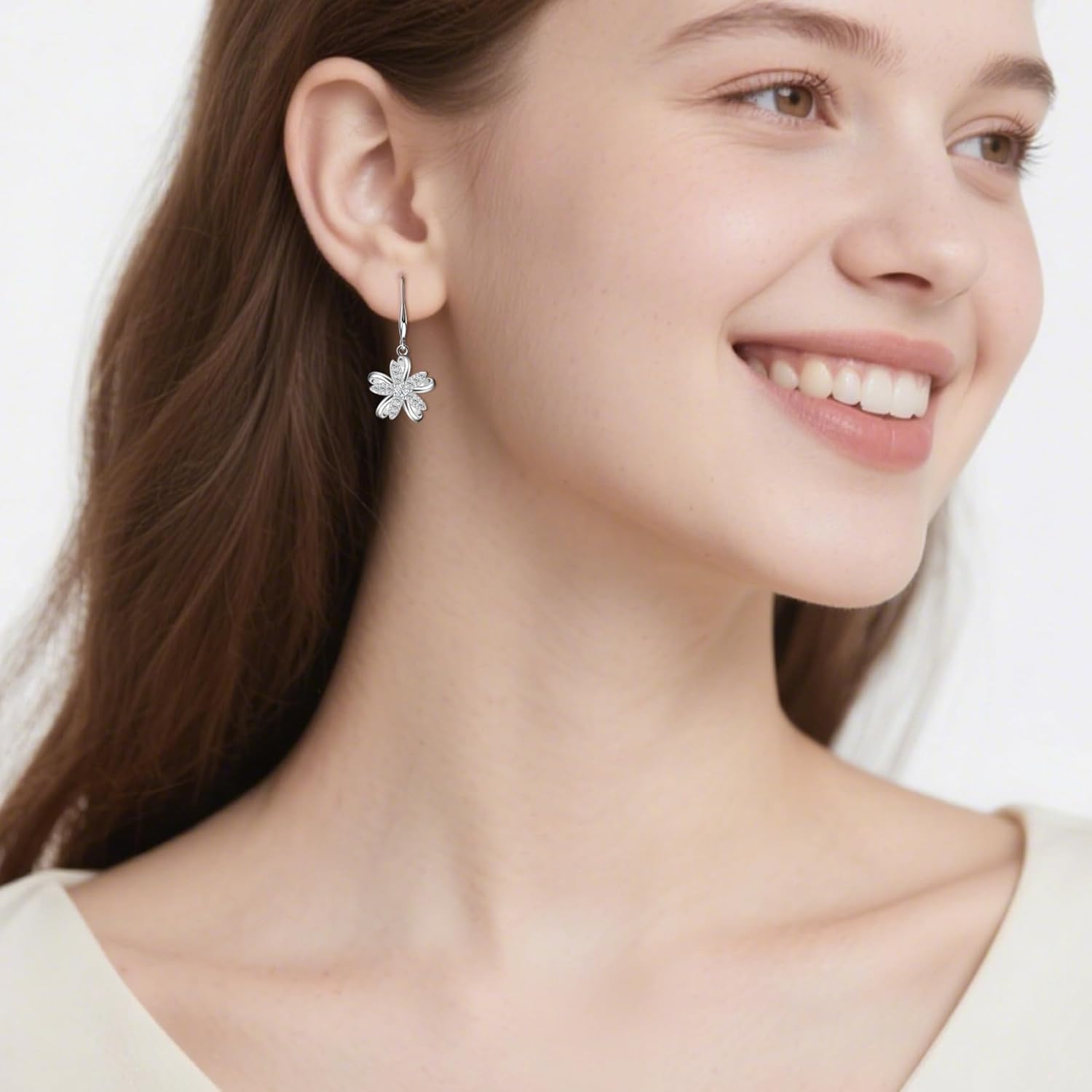 Sterling Silver Flower Earrings for Women, Sparkle Cubic Zirconia Drop Dangle Earrings,Hypoallergenic Lightweight Floral Dangling Earring Dainty Jewelry Gifts - Image 4